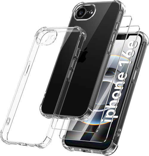 Qasyfanc 3 in 1 Phone Case Compatible with Apple iPhone 16e 2025 Case and 2 Pack Tempered Glass Screen Protector, Slim Soft TPU Shockproof iPhone SE 4th generation Case Silicone Clear 6.1-Inch