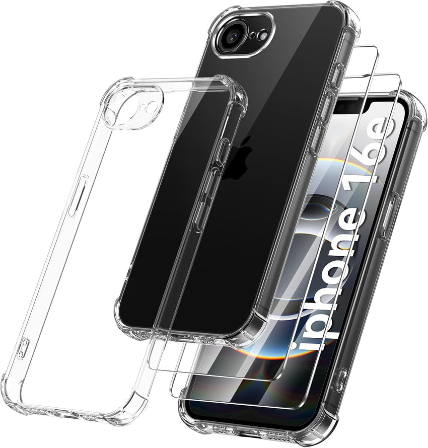 Qasyfanc 3 in 1 Phone Case Compatible with Apple iPhone 16e 2025 Case and 2 Pack Tempered Glass Screen Protector, Slim Soft TPU Shockproof iPhone SE 4th generation Case Silicone Clear 6.1-Inch