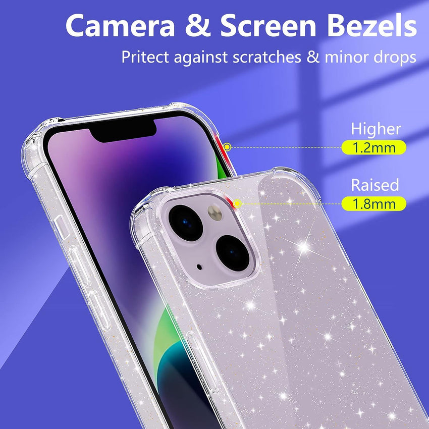 YIRSUR Glitter Case Compatible with iPhone 14 with 2 Pack Screen Protector and 2 Pack Camera Lens Protector, Glitter Air Cushion Soft TPU Bumper Anti-Scratch Shockproof Sparkly Cover for iPhone 14