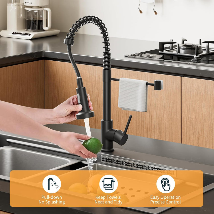 BESy Matte Black Kitchen Sink Tap, 2 Function Kitchen Sink Mixer Taps with Pull Out Spray, Brass High-Arc 360ÃÂ° Swivel Single Handle Spring Rv Kitchen Taps