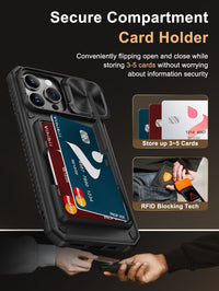 Vihibii for iPhone 14 Pro Max Case with Card Holder (4 Cards) [RFID Blocking] & Slide Camera Cover, Military Grade Drop Protection, Rugged Hard Back & Silicone Edge Wallet Phone Case, 6.7" 2022, Black