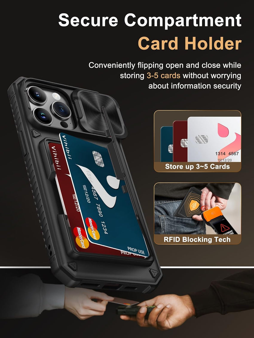 Vihibii for iPhone 14 Pro Max Case with Card Holder (4 Cards) [RFID Blocking] & Slide Camera Cover, Military Grade Drop Protection, Rugged Hard Back & Silicone Edge Wallet Phone Case, 6.7" 2022, Black