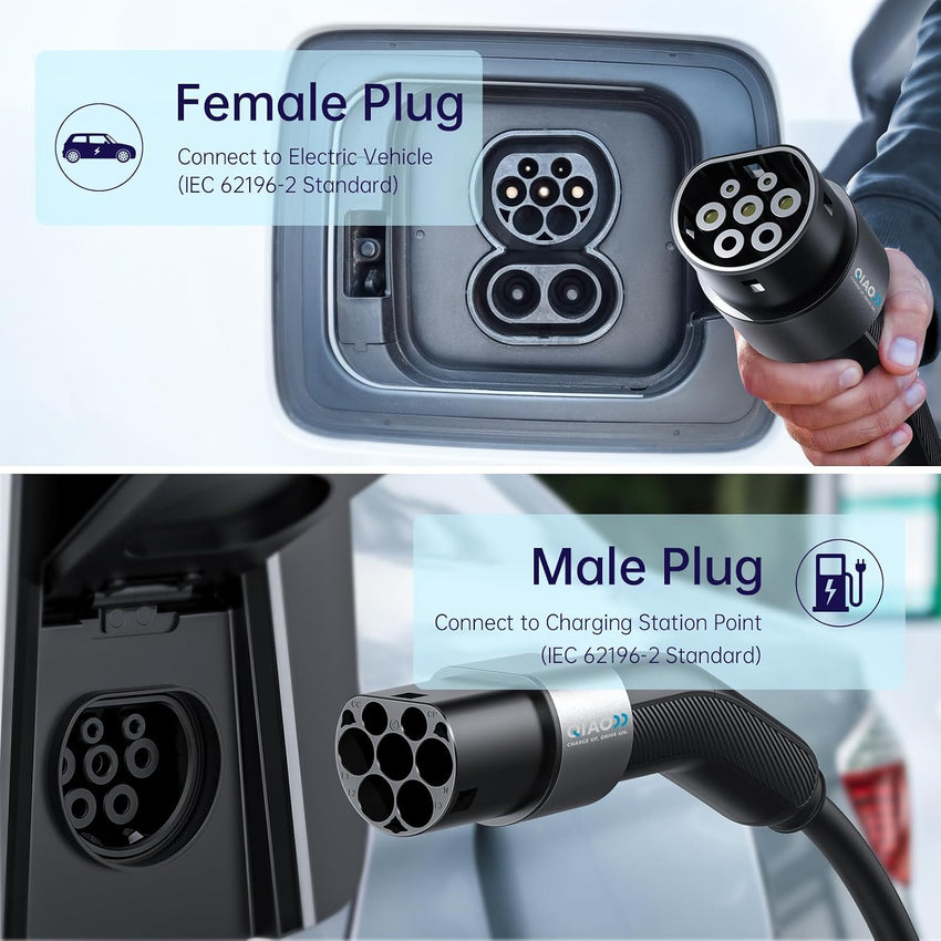 QIAO)) Type 2 EV Charging Cable, 7.4kW 10M 32A Single Phase, Electric Vehicle Type 2 to Type 2 IEC 62196 EV Charger Cable, EVs/Plug-in Hybrid Fast Car Charging Cable with Carry Bag