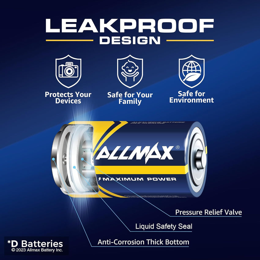 Allmax D (LR20) Maximum Power Alkaline Batteries (6 Count) - Ultra Long-Lasting, Leakproof Design, 7-Year Shelf Life, Maximum Performance (1.5V)