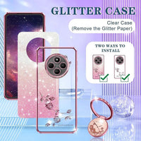 Glitter Case for Xiaomi Redmi 14C 4G, Ultra Thin Glitter Bling Women/Girls Shockproof Mobile Phone Case with Shiny Diamond Flowers Ring Stand Protective Case Pink
