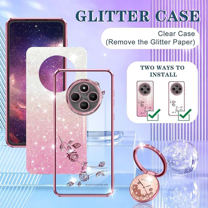 Glitter Case for Xiaomi Redmi 14C 4G, Ultra Thin Glitter Bling Women/Girls Shockproof Mobile Phone Case with Shiny Diamond Flowers Ring Stand Protective Case Pink