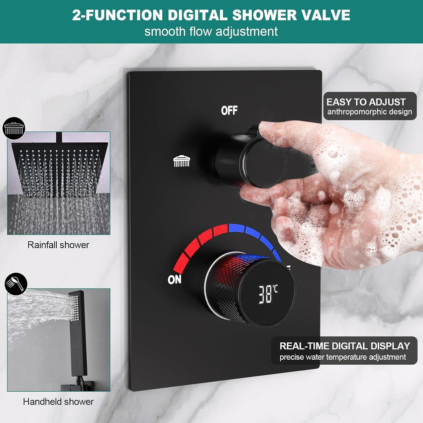 Concealed Thermostatic Shower Mixer Valve 2-Way - Matte Black