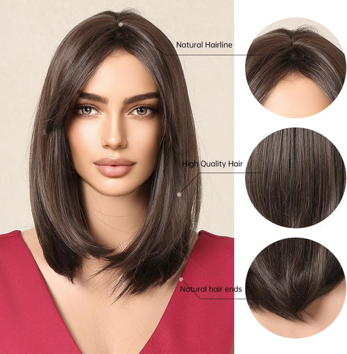 Testar Short Brown Bob Wigs with Curtain Bangs for White Women - Synthetic Wig for Daily Party Use