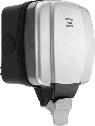 BG Electrical Outdoor Single Switched Power Wall Plug Socket, Decorative Weatherproof, Stainless Steel Black, 13A, IP66 Rated, WPL21