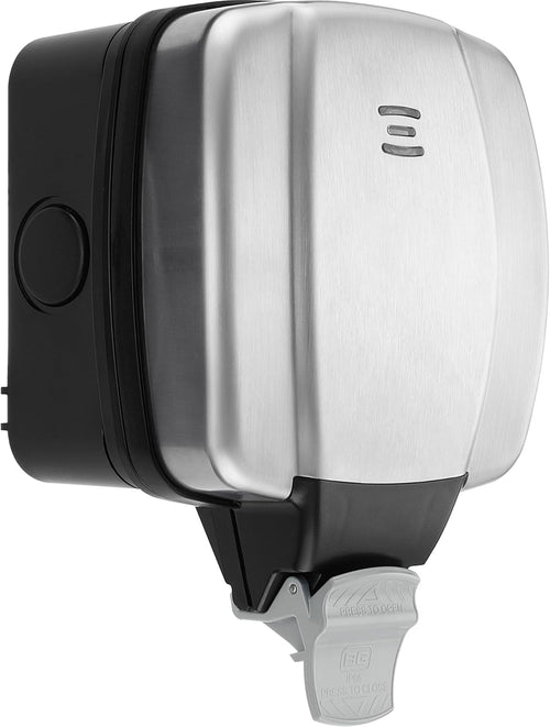 BG Electrical Outdoor Single Switched Power Wall Plug Socket, Decorative Weatherproof, Stainless Steel Black, 13A, IP66 Rated, WPL21