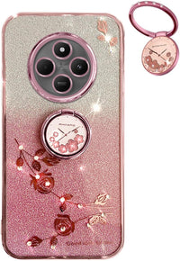 Glitter Case for Xiaomi Redmi 14C 4G, Ultra Thin Glitter Bling Women/Girls Shockproof Mobile Phone Case with Shiny Diamond Flowers Ring Stand Protective Case Pink