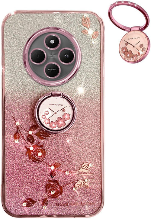 Glitter Case for Xiaomi Redmi 14C 4G, Ultra Thin Glitter Bling Women/Girls Shockproof Mobile Phone Case with Shiny Diamond Flowers Ring Stand Protective Case Pink