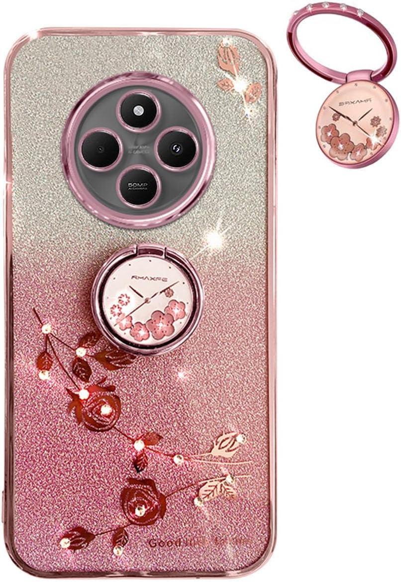 Glitter Case for Xiaomi Redmi 14C 4G, Ultra Thin Glitter Bling Women/Girls Shockproof Mobile Phone Case with Shiny Diamond Flowers Ring Stand Protective Case Pink