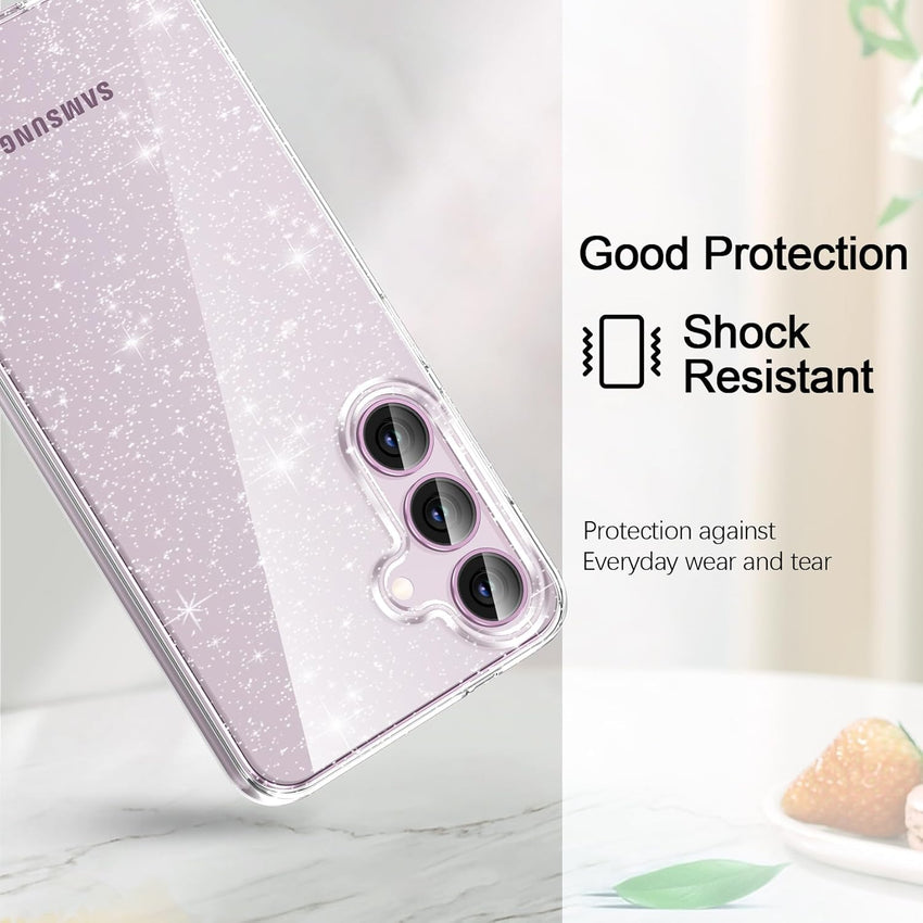 AROYI 3 in 1 Clear Glitter Case for Samsung Galaxy S24 S25 5G Case with 2 Tempered Glass Screen Protector, Soft Bumper Anti-Scratch Sparkle Bling Women Girls Samsung Galaxy S24 S25 Phone Case Cover