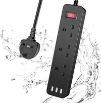 Waterproof Outdoor Power Strip 3-Outlet Surge Protector with USB 1.8m Cable â Black