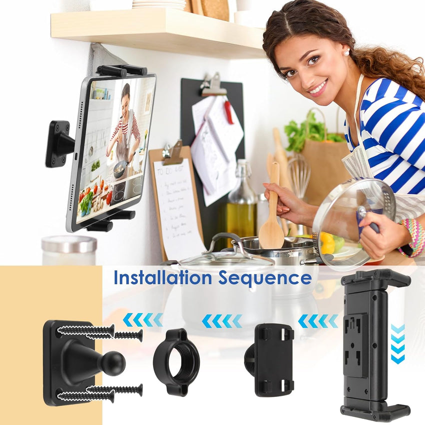 Qaum Tablet Wall Mount, 360^0 Rotation Adjustable Wall Mount Holder, Aluminum Universal Tablet Holder Clamp for 4.7-15" Tablets and Phones, Compatible with iPad iPhone Galaxy Samsung and Kindle(Black)