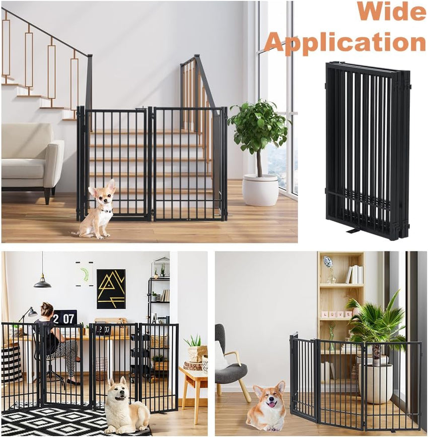 SMONTER Free Standing Dog Gate with Door Walk Through, 306cm Extra Wide Indoor Dog Fence, 80cm Height 6 Panels Foldable Metal Pet Puppy Gate for Stairs, Hallways, Doorway
