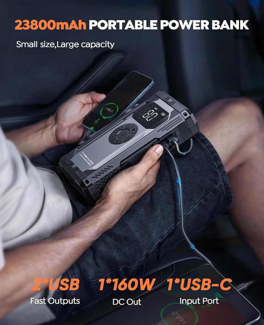 TREKURE 4000A Jump Starter Power Pack with 150PSI Air Compressor, 12V Portable Car Battery Booster Jump Starter for all Gas/10L Diesel, Car Jump Starter Power Bank with Jump leads, Emergency Light