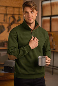 Men's Waffle Pullover Ribbed Corduroy Stand Collar Fleece-Lined Quarter Zip Sweater Green L
