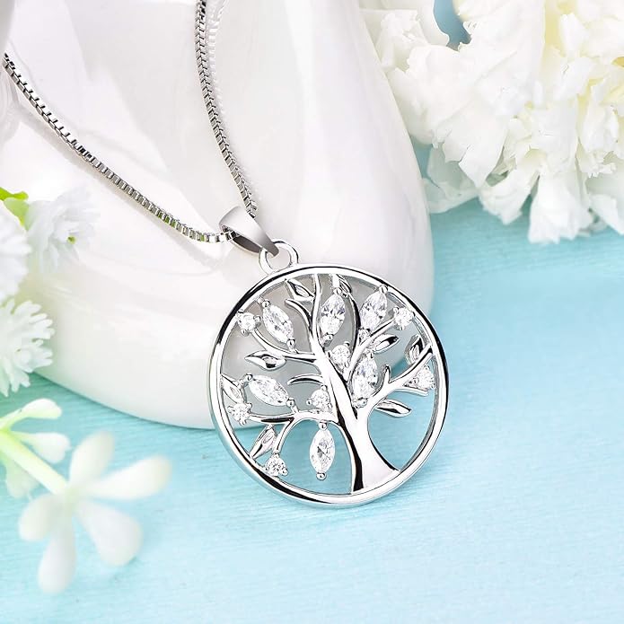 YL Tree of Life Necklace 925 Sterling Silver Pendant with AAA Zircon/Simulated Emerald Necklaces for Women Mother Grandmother