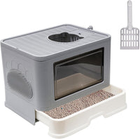 Foldable Cat Litter Box with Lid & Top Exit, Storage Drawer & Fur Brush, Easy Clean, Large Capacity (Grey)
