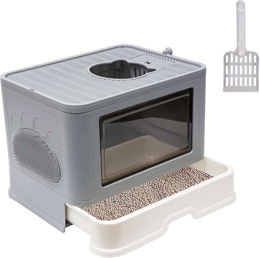 Foldable Cat Litter Box with Lid & Top Exit, Storage Drawer & Fur Brush, Easy Clean, Large Capacity (Grey)