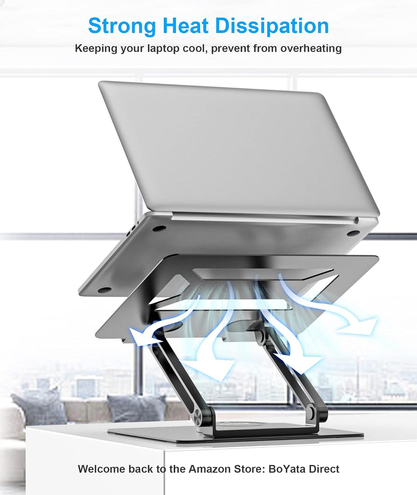 BoYata Laptop Stand for Desk, Adjustable Computer Stand with 360^0 Rotating Base, Ergonomic Foldable Laptop Riser Holder Compatible with All MacBook Pro/Air, Notebook up to 17"-Black