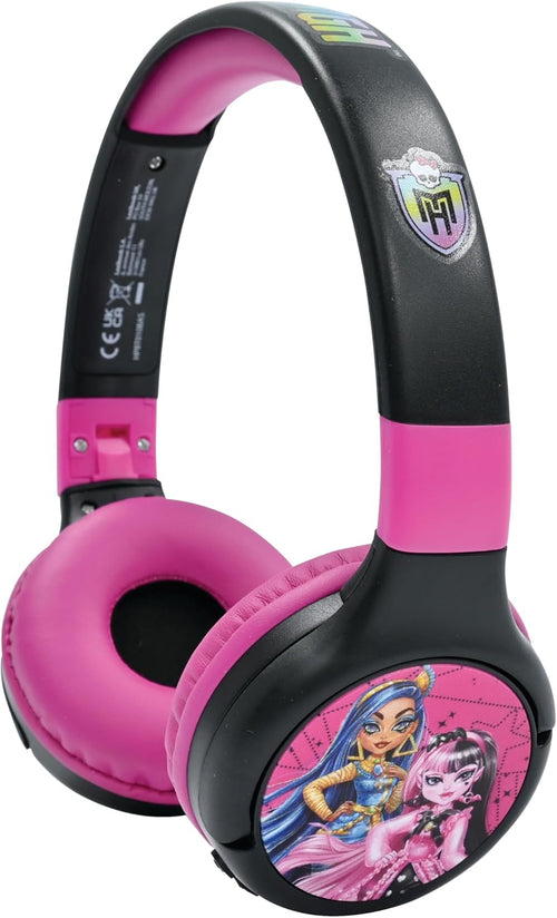 LEXIBOOK, Monster High, 2-in-1 Bluetooth & Wired Headphones with microphone and control buttons, Foldable and Adjustable, Long-lasting rechargeable battery, Pink/black, HPBT010MH