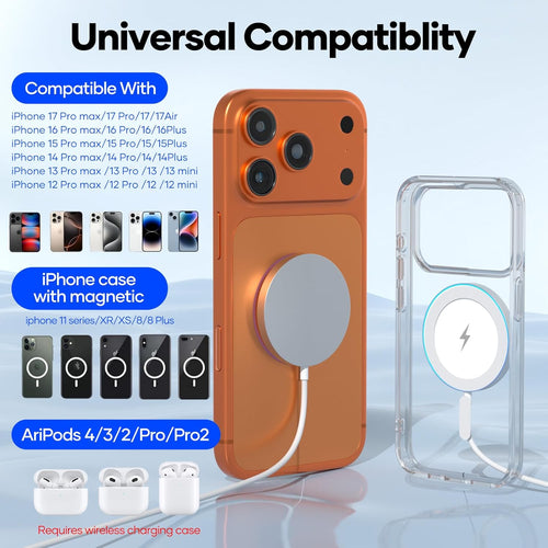 Magnetic Wireless Charger, Fast Apple Mag-Safe Charger for iPhone 17/16/15/14/13/12 Series, Wireless Magnet Mag Safe Charging Pad for AirPods 3/2/Pro, Strong Magnetic Charger Pad