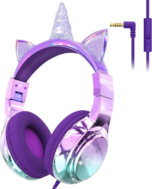 JYPS Kids Headphones, Cute Metallic, 85/94dB Volume Limited, Stereo Sound, Sharing Function, Foldable 3.5mm Wired Over-ear Toddler/Childrens Headphones for iPad/Tablet/School (unicorn, purple)