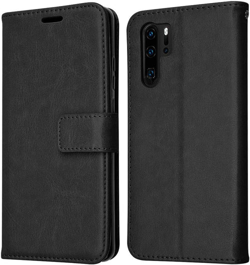 TECHGEAR Compatible with Huawei P30 Pro Leather Wallet Case, Flip Protective Case Cover with Card Slots, Kickstand and Wrist Strap - Black PU Leather fit Huawei P30 Pro