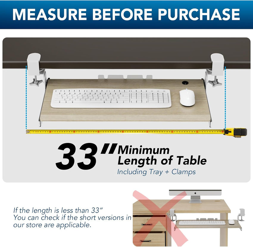 Under-Desk Extendable Keyboard Tray C-Clamp Sliding Platform 838x280mm