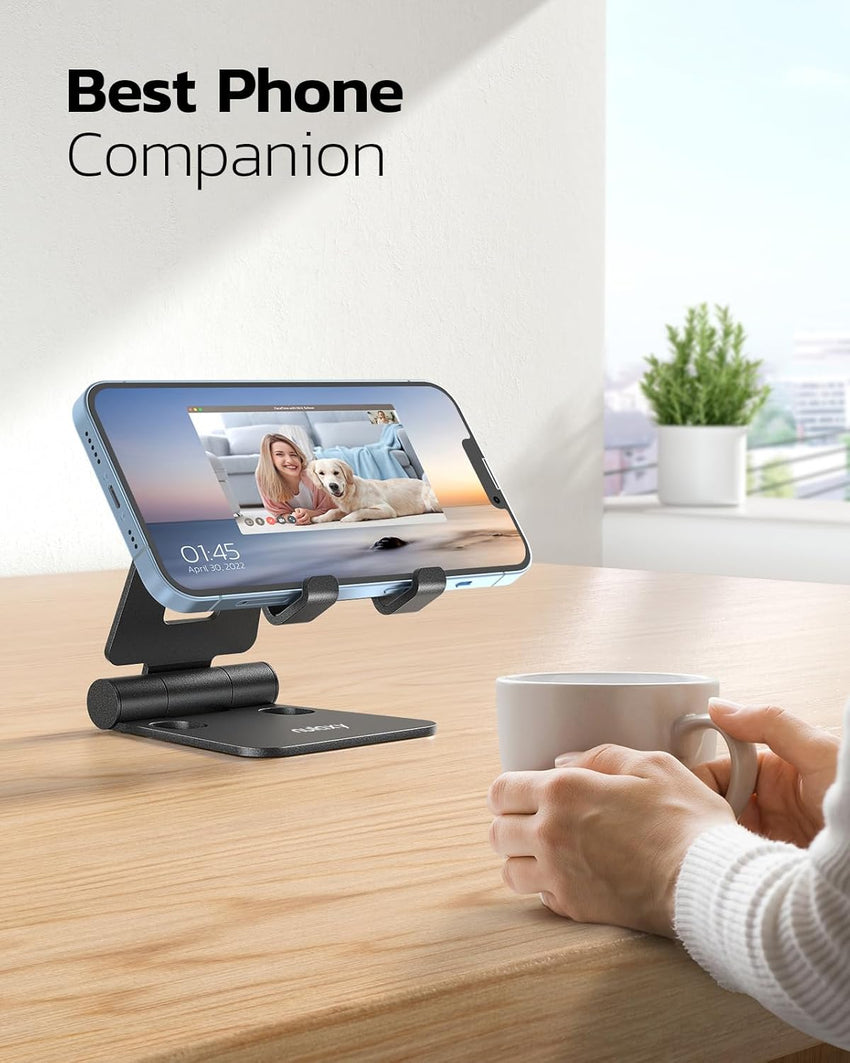 Nulaxy 2 Pack Dual Folding Phone Stand, Fully Adjustable Desktop Mobile Holder Dock Aluminum, Compatible with iPhone 17 16 15 14 13 12 11 Xs Xr X 8, HUAWEI, Galaxy, All Smartphones, Black & Silver