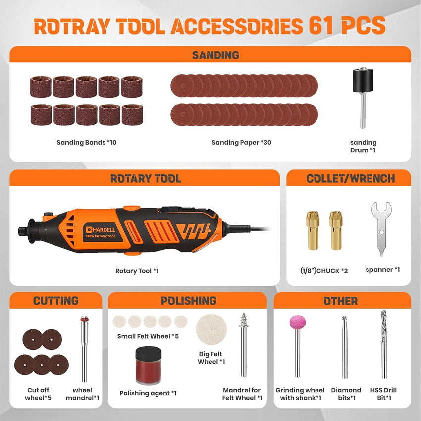 Corded Rotary Tool 180W 6Ã¢ÂÂSpeed 8,000Ã¢ÂÂ35,000RPM with 61 Accessories Ã¢ÂÂ Orange