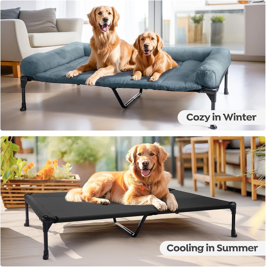 Veehoo Elevated Dog Bed with Removable Bolster, Fluffy Raised Dog Bed off Ground Elevated Dog Bed Portable Raised Pet Cot with Cushion, No-Slip Feet Indoor Outdoor, Haze Blue 125 x 83 x 23 cm
