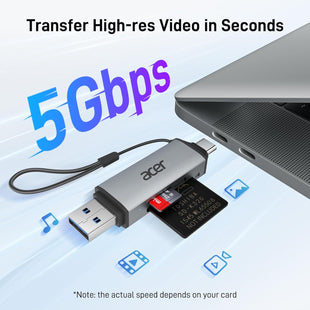 Acer SD Card Reader, USB C & USB 3.0 Memory Card Reader Adapter Supports SD/Micro SD/SDHC/SDXC/MMC, Compatible with iPhone 17 16 15 Series, MacBook Pro/Air, iPad Pro 2021, Galaxy S26, XPS 13, etc.