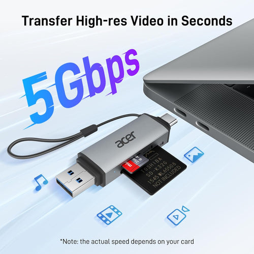 Acer SD Card Reader, USB C & USB 3.0 Memory Card Reader Adapter Supports SD/Micro SD/SDHC/SDXC/MMC, Compatible with iPhone 17 16 15 Series, MacBook Pro/Air, iPad Pro 2021, Galaxy S26, XPS 13, etc.