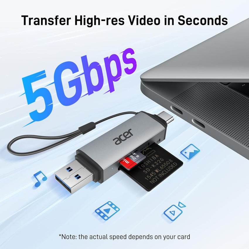 Acer SD Card Reader, USB C & USB 3.0 Memory Card Reader Adapter Supports SD/Micro SD/SDHC/SDXC/MMC, Compatible with iPhone 17 16 15 Series, MacBook Pro/Air, iPad Pro 2021, Galaxy S26, XPS 13, etc.
