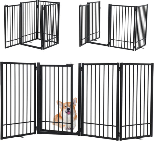 SMONTER Free Standing Dog Gate with Door Walk Through, 306cm Extra Wide Indoor Dog Fence, 80cm Height 6 Panels Foldable Metal Pet Puppy Gate for Stairs, Hallways, Doorway
