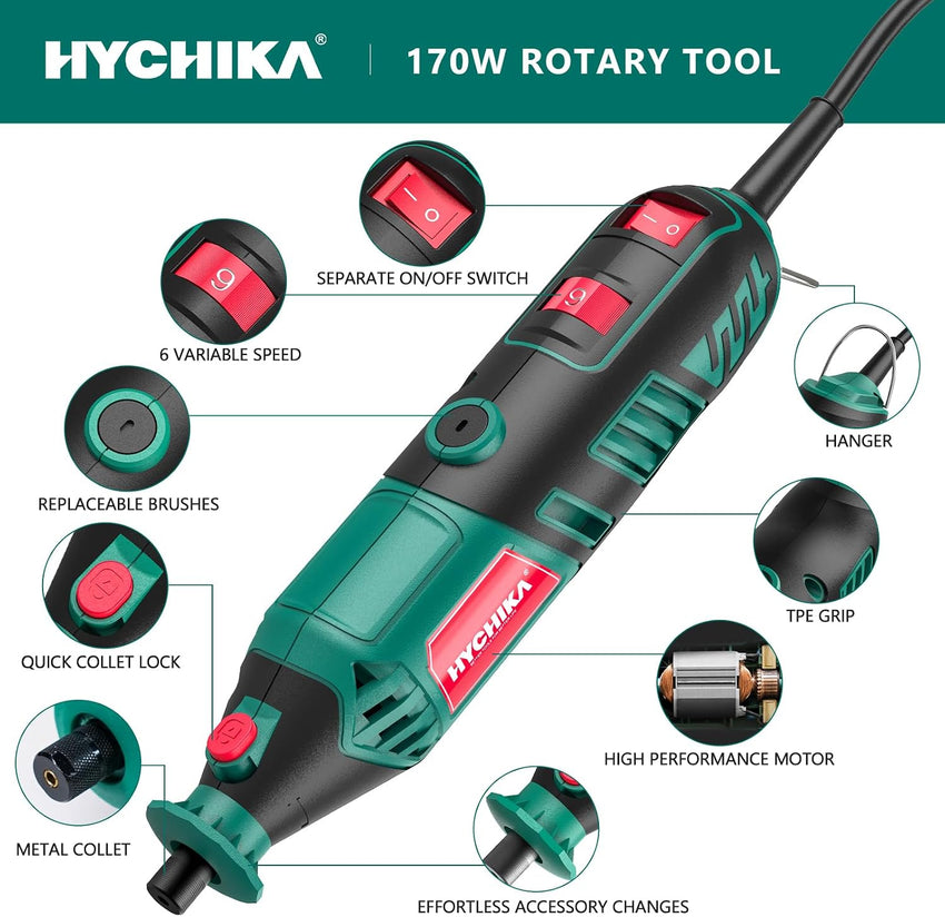 HYCHIKA 170W Rotary Tool, Variable Speed Rotary Tool Kit with Flex Shaft, 173pcs Accessories Kit & 8000-35000RPM Multi-Tool, Perfect for Cutting, Detail Sanding, Engraving, and Wood Carving