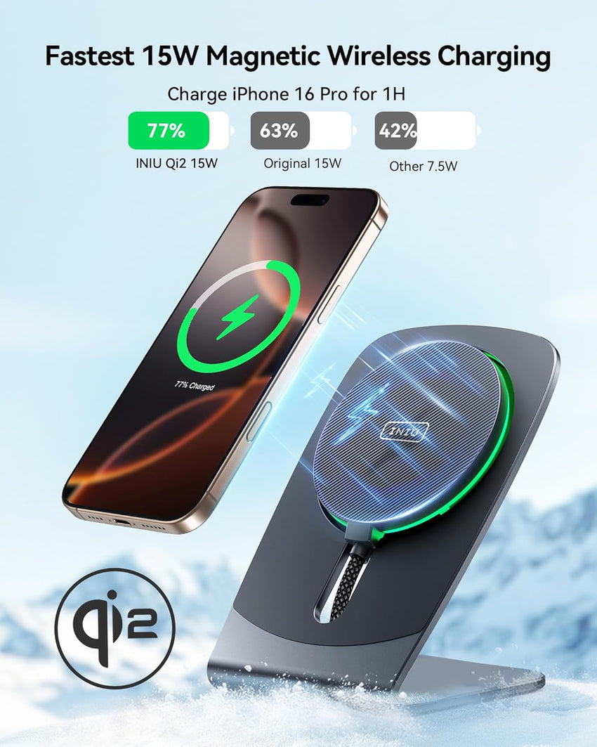 INIU Magnetic Wireless Charger Stand Qi2 15W MagSafe-Compatible Cooling Fan