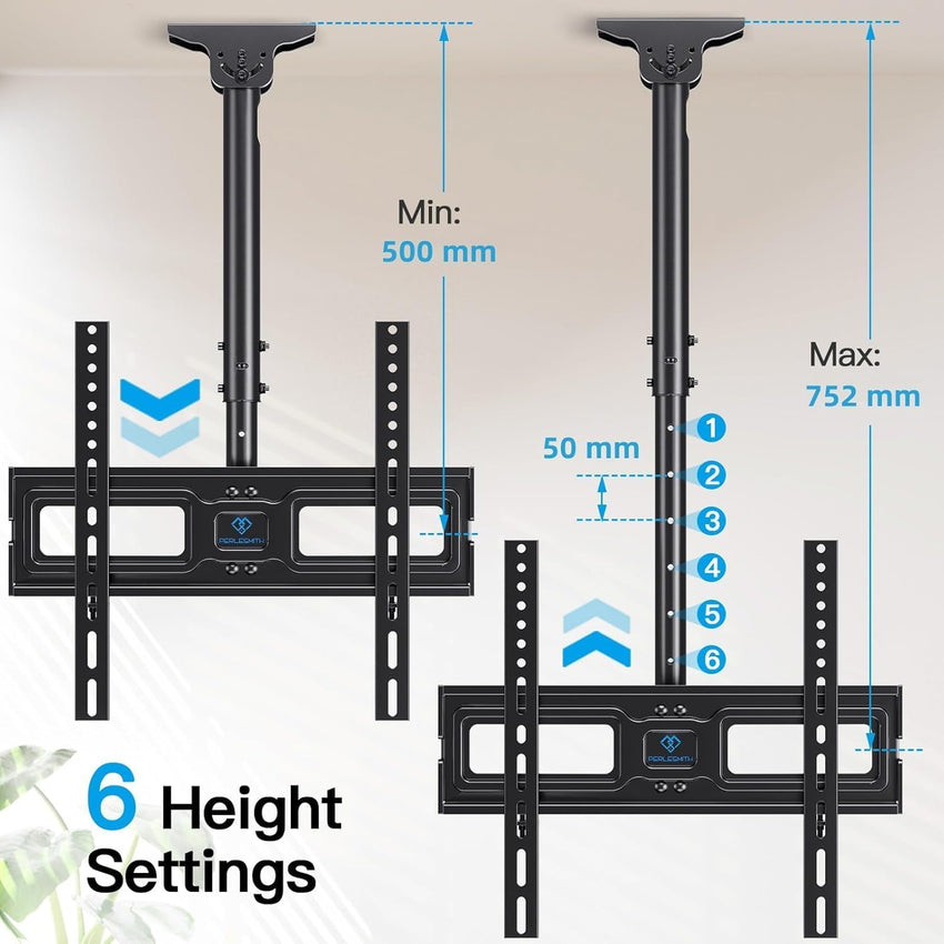 PERLESMITH Ceiling TV Bracket - Adjustable Swivel Ceiling Mount for Most 26-65 inch TVs, Full Motion Ceiling TV Mount, Supports up to 50kg, Max VESA 400x400mm, PSCM2-E