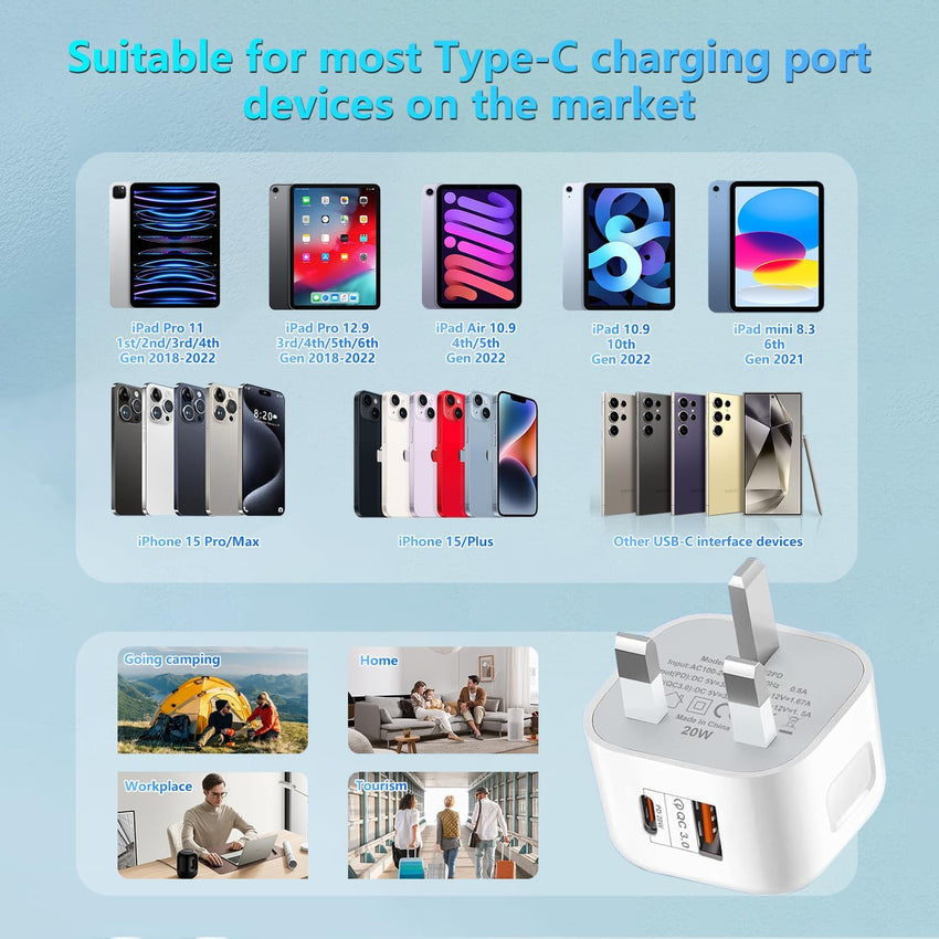 USB C Plug, 20W Power Adapter USB C Fast Charger UK iPhone Plug Dual Port USB+Type-C Charging Wall Plug Fast Charge for iPhone 15/15 Plus/15 Pro/15 Pro Max/14/13/12/11, iPad Pro/Air, Galaxy S24/S23