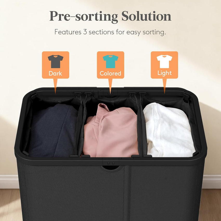 150L Laundry Basket with Lid 3-Section Foldable Dirty Clothes Organiser Black