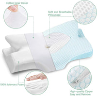 Elviros Cervical Contour Memory Foam Pillow for Neck Pain Orthopedic Neck Pillow for Shoulder Pain Ergonomic Head Neck Support Pillow for Side/Back/Stomach Sleepers with Removable Cover (Blue)