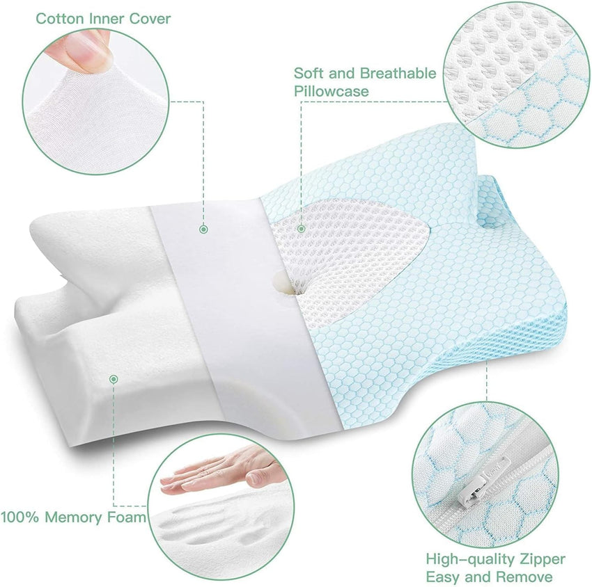 Elviros Cervical Contour Memory Foam Pillow for Neck Pain Orthopedic Neck Pillow for Shoulder Pain Ergonomic Head Neck Support Pillow for Side/Back/Stomach Sleepers with Removable Cover (Blue)