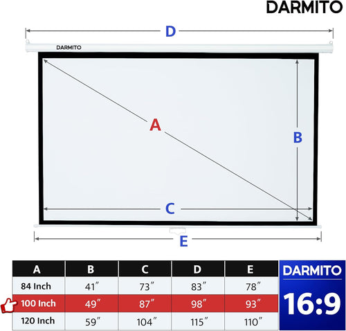 Darmito 100 16:9 Electric Motorised Projector Screen, Full HD 3D 4K 8K Matt White +1.2 Gain, with Remote Control, For Meeting School Home Cinema Theater Movie TV DVD Indoor