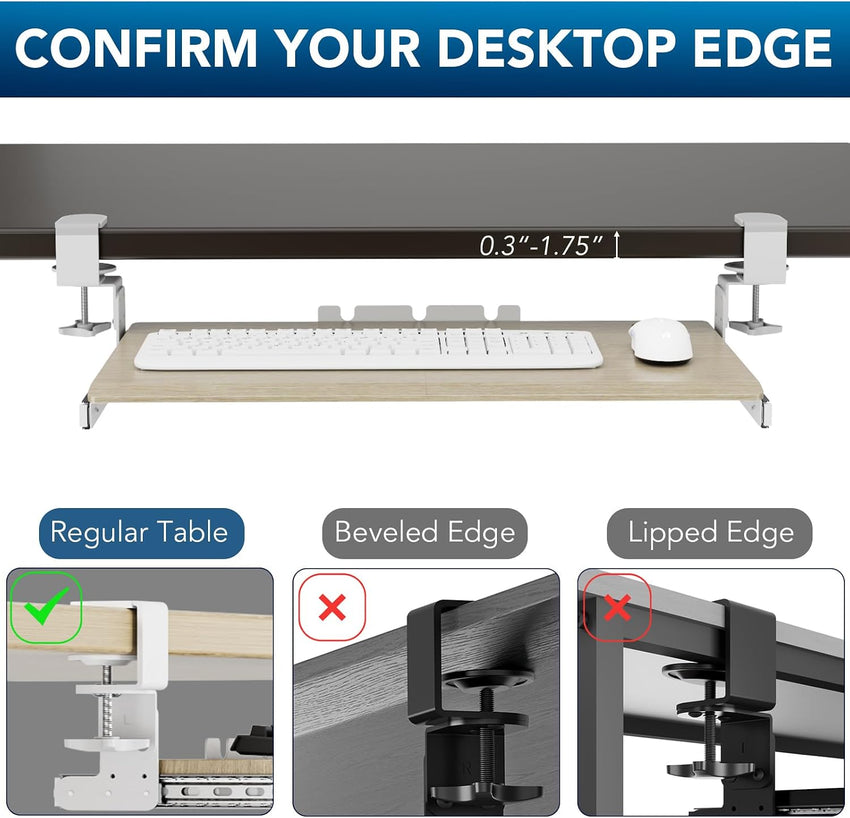 Under-Desk Extendable Keyboard Tray C-Clamp Sliding Platform 838x280mm