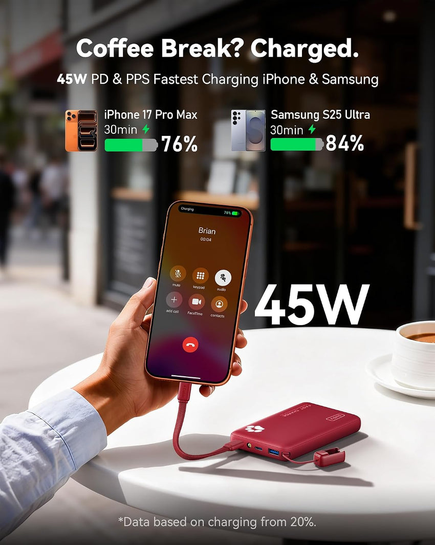 INIU 10000mAh Power Bank 45W PD Ultra Slim Fast Charger with USB-C â Red