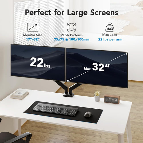 HUANUO Dual Monitor Arm 2x up to 32in VESA 75/100 Height-Adjustable Fits 32in